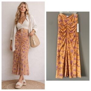 Ruched Floral Midi Skirt XS Boho Festival Y2K Mesh Anthropologie Style NWT